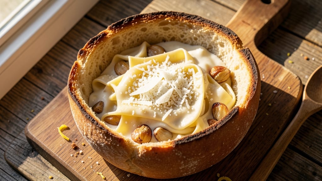 Alfredo Bread Bowl Recipe: Fettuccine-Stuffed Crust With Cheesy Twist